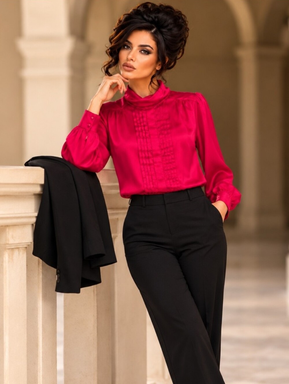 Vintage TanJay Pink Burgundy Retro Pleated Blouse